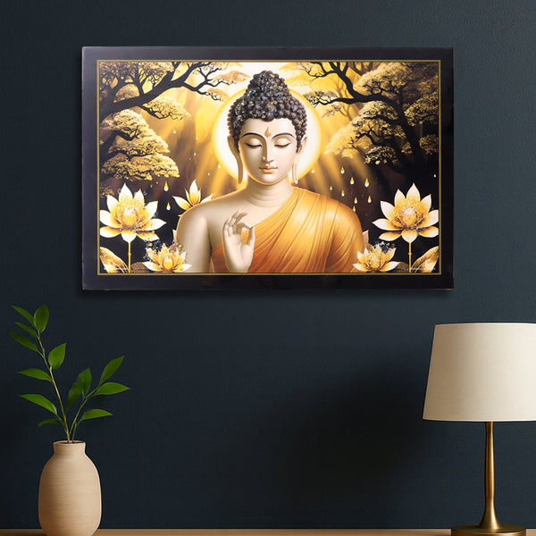 Decorative Lord Buddha Wall Painting with Wooden Frame Mix Design, 45x30 Cm Approx (1 Pc)